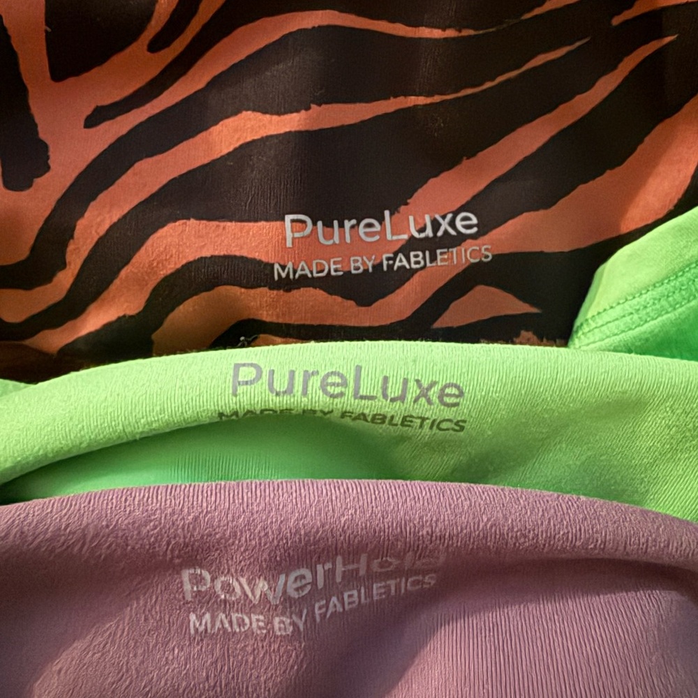 Fabletics Neon Green, Black with Orange Tiger print & lavender Active shorts